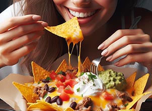 Una persona comiendo nachos con queso, carne, frijoles y salsa guacamole